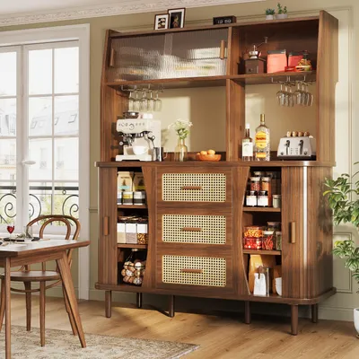 Produktbild von STILVORA Buffetschrank mit Rattanoptik und Glasschiebetüren, Küchenschrank hoch mit Stauraum, Aufbewahrungsschrank Naturholz-Nussbaum-Optik