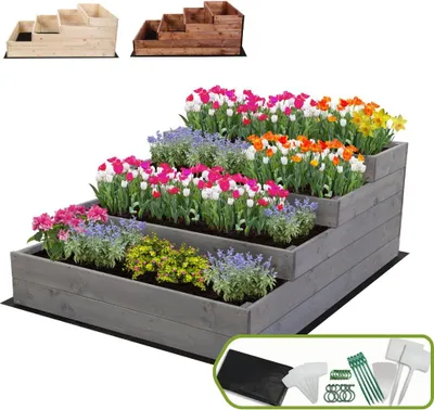 Produktbild von MODO24 Hochbeet Holz, Pflanzkasten, Massivholz, Kiefer, Kräuterbeet, Blumenkasten, Garten, Terrasse, 45x90x120 cm, Grau, ZP07