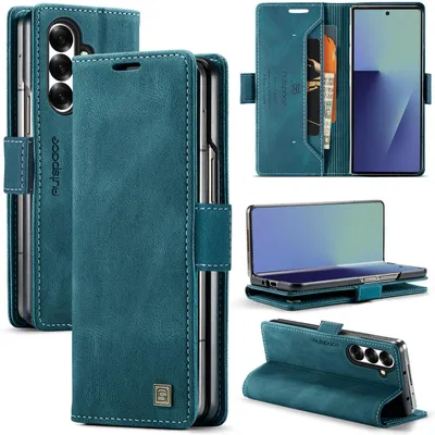 Produktbild von Hülle für Samsung Galaxy Z Fold 7, Retro Kunstleder Tasche Kartenfächern und Ständer Schutzhülle Blau