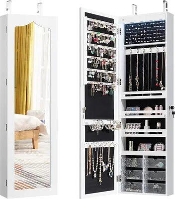 Produktbild von Schmuckschrank - Hängend mit Spiegel - LED-Beleuchtung - 6 Schubladen - Für Schmuck & Kosmetik - Holz - Weiß