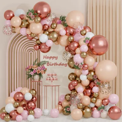 Image de Guirlande de ballons roses et dorés, 114 pièces, idéale pour la décoration d'anniversaires, de mariages, de fêtes pour bébés et autres événements