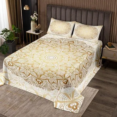 Produktbild von Ibenzoa® Boho-Mandala-Tagesdecke Set – Bettüberwurf 220×240 cm mit 2 Kissenbezügen 80×80 cm, gebürstete Mikrofaser & Polyesterfüllung, gold/weiß, maschinenwaschbar, für alle Jahreszeiten