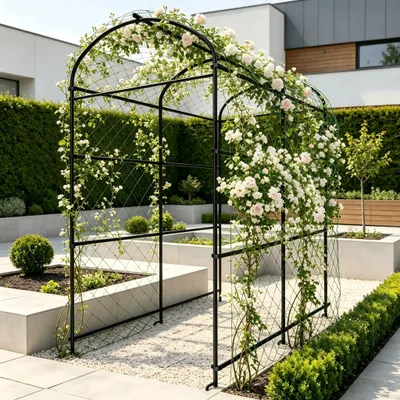 Image de unho Treillis en métal, Grande arche de jardin pour plantes grimpantes Support pour plantes grimpantes, concombre Support pour plantes grimpantes Spalier avec filet en nylon, piquet de terre