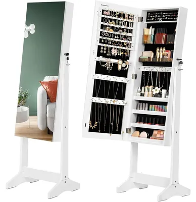 Zdjęcie produktu dla Lusterko kosmetyczne z szafką – organizer do kosmetyków – zamykane na klucz – białe – 41,2 x 36,5 x 152 cm