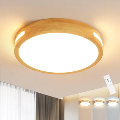 LED-Deckenleuchte rund, 64 W, dimmbar, Holz, 40 cm