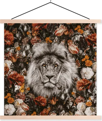 Produktbild von MuchoWow® Textilposter Blumen - Löwe - Porträt 40x40 cm mit holzfarbenen Rahmen - Posterleiste