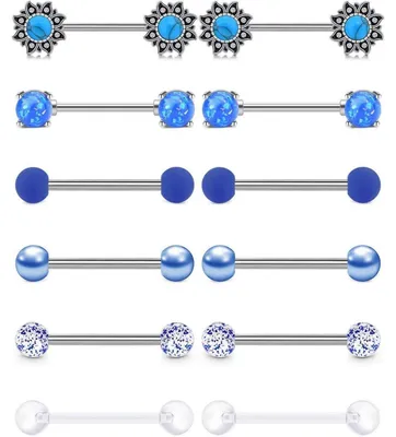 Image de Piercings pour tétons, 6 paires, en acier chirurgical avec zirconium, calibre 14G (1,6 mm), couleur bleue, longueur 116 mm, diamètre 5 mm