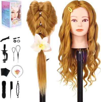 Productafbeelding van Oefenhoofd Haar - Kappershoofd Trainingskop - Haar Stylen Vlechten - 70% Echt Haar - 66 cm - Goud