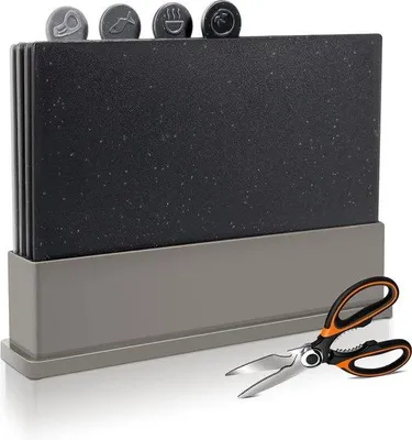 Produktbild von Unyqoos® Schneidebrett 4er-Set Kunststoff (PP) mit Ständer, spülmaschinenfest, BPA-frei, mit Lebensmittelsymbolen, 31,5×21,5 cm