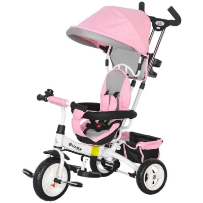 Produktbild von 6-in-1 Kinderdreirad(Pink)mit Schiebestange, Dach, Gurt, Ablagekorb, für 1-5 Jahre