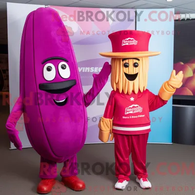 Immagine prodotto di Personaggio mascotte REDBROKOLY di patatine fritte magenta vestito con maglietta e cappelli Henley