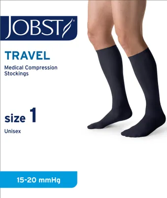 Produktbild von JOBST Travel Reisestrümpfe für Damen und Herren - hilft, Reisethrombosen vorzubeugen - weich, atmungsaktiv dank 33% Baumwollanteil, Navy, Size 1