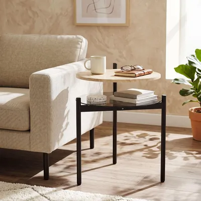Imagen del producto de Mesa auxiliar HOMCOM redonda con estante de vidrio abierto, color roble