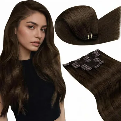 Immagine prodotto di Clip-in per extension di capelli veri Remy, color marrone scuro #4, lunghezza 55 cm, peso 135 g, set da 7 pezzi
