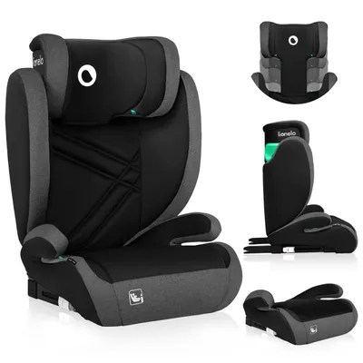 A collage of images showing a black and gray car seat from different angles, including a close-up of the headrest and a separate view of the base.
