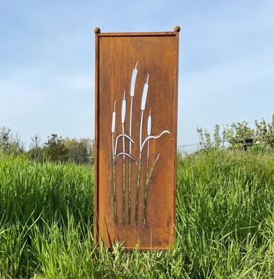 Produktbild von Edelrost Sichtschutz Schilf Motiv 116 cm x 33 cm Paravent zum Stecken Gartenschild Schild Gartenstecker Edelrost Gartendeko Wetterfest Rost Metall Zaun Schilfrohr Rohrkolben