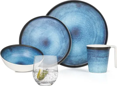 Produktbild von Melamin Camping Geschirr Set 4 Personen Deep Ocean + 4 Tiamo Gläser Wassergläser Tafelgeschirr Picknick BBQ Kochgeschirr