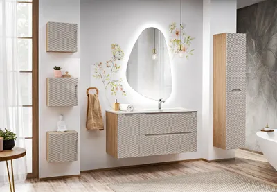 Productafbeelding van Badmeubelset 7-delig, badkamerinrichting LAXY, eikenhout, beige, met wandkast links, inclusief wastafel