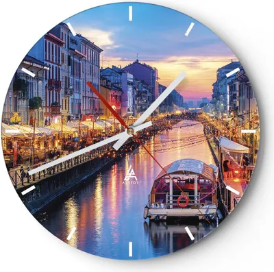 Produktbild von Wanduhr - Rund - Glasuhr - Kanal Grande Abend - 40x40cm - Schleichendes Uhrwerk - Lautlos - zum Aufhängen bereit - Dekoration Modern - Wanddekoration aus Glas - C3AR40x40-4331