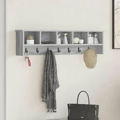 Image de Porte-manteau mural - Étagère de rangement - Bois - Design moderne pour entrée et couloir - 100 x 16 x 26 cm - Gris