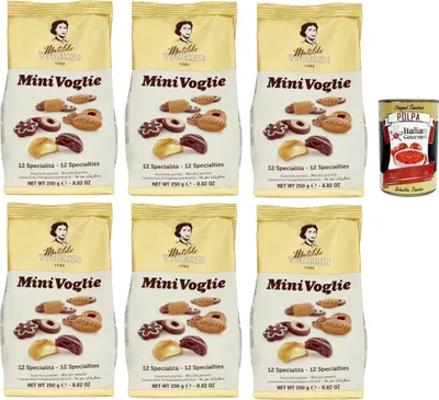 Produktbild von Matilde Vicenzi - Biscotti Minivoglie, Auswahl an Gebäck, Shortcruste Shortbread Chocolate, Sahne oder Marmelade, Butter oder Kakao -Shortbreads, 6x 250 g + Italian Gourmet polpa 400g