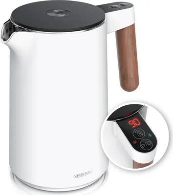 A white electric kettle with a wood-effect handle and a digital display showing the temperature.