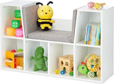 Obrázok produktu pre Biela polička na hračky s lavicou a 6 priehradkami, 63 x 103 x 30 cm
