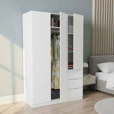 Produktbild von Garderobe Ddermak, Schlafzimmerschrank mit 3 Türen und 3 Schubladen, Schrank mit 3 Einlegeböden und Kleiderstange, 135x52h200 cm, Weiß