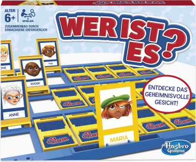 The image shows the box of the board game "Wer ist es?" (Guess Who?). It displays the game board with character cards and the game's title prominently featured.