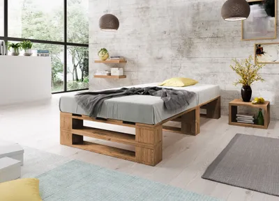 Produktbild von Lermowood Palettenbett M2 90 x 200 cm Eiche Holzbett Massivholzbett Bett aus Paletten Seniorenbett Kinderbett Jugendbett