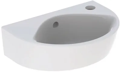 A white ceramic hand washbasin with a curved shape and a single faucet hole.