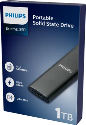 The image shows the packaging of a Philips portable solid state drive.