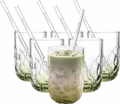 Produktbild von Leonardo GOCCE Matcha Latte Glas (2) 390 ml mit Glastrinkhalm 6er Set