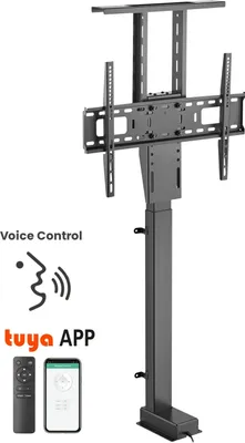 A motorized TV lift stand with a remote control and a smartphone displaying an app.