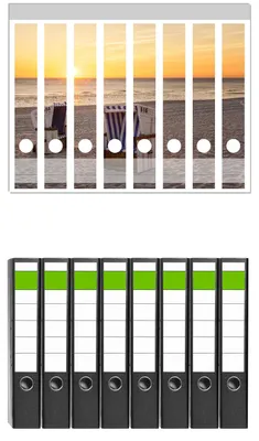 Produktbild von Wallario 8 Stück schmale Ordner inkl. Klebeetiketten mit Motive Strandkörbe im Sonnenuntergang - Set mit Rückenschildern / Ordnerrücken Stickern