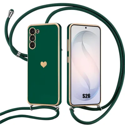 Image de Coque pour Samsung Galaxy S26, Silicone Souple Anti-Rayures Motif Coeur avec Cordon Vert Nuit