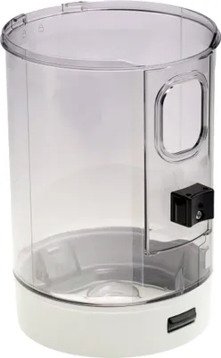 A clear product shot of a transparent dustbin with a white base and a black switch.