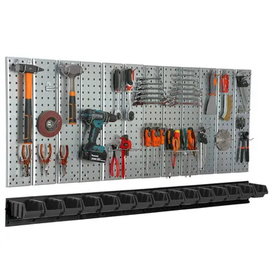 Immagine prodotto di Parete portautensili 156x72 cm Sistema di stoccaggio in metallo con portautensili Ganci portautensili e 15 scatole di impilamento 100 x 150 x 70 mm Colore: nero Pannello forato Officina Garage Pioliera Utensili elettrici Parete forata