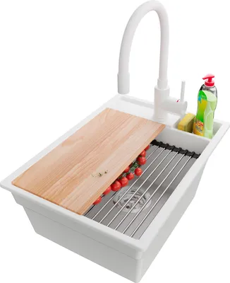 Produktbild von PRIMAGRAN Granitspüle Weiß 38x53cm, Spülbecken 1 Becken + Küchenarmatur 38x14cm + Ablauf-Set + Küchenzubehörset, Küchenspüle ab 40er Unterschrank - Oslo Pocket