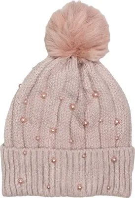 Produktbild von Gestrickte Wintermütze mit Bommel und Perlen, puderrosa, 100%.Polyacryl, Universalgröße