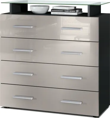 Produktbild von Vladon Sideboard Pavos V2, Kommode mit 4 Schubladen und Glasablage, Schwarz matt/Sandgrau Hochglanz (76 x 81 x 35 cm)