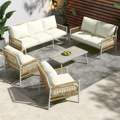 Produktbild von 7-Sitzer Gartenmöbel Set Beige – Großes Lounge-Set aus PE-Rattan mit verzinktem Stahlrahmen – Inkl. XL-Ecksofa & Couchtisch mit Glasplatte in Holzoptik – Wetterfest & Waschbare Polster