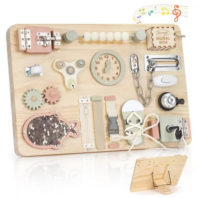 Produktbild von Sensorische Spielzeug Aktivitätsbrett Montessori Holzspielbrett - 16 Spielelemente - Massives Holz - Abgerundete Kanten - Stabiler Standfuß - Für Kleinkinder