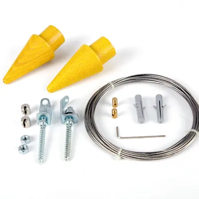 Image de Kit de tension pour cordes, en bois, forme conique, couleur jaune, 5 mètres – Corde en acier inoxydable de 2 mm de diamètre, système de tension de corde adaptable, pour rideaux et draperies