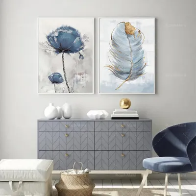 Zdjęcie produktu dla Plakat na ścianę niebieskie kwiaty pióra zestaw 2 40x50 cm - grafika na płótnie