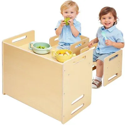 Produktbild von Azomor® Holz Montessori Tischset mit verstellbaren Stühlen für Kinder von 1-5 Jahren