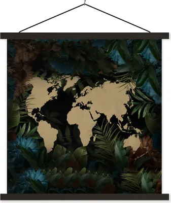 Produktbild von MuchoWow® Textilposter Weltkarte - Blumen - Blau 60x60 cm mit schwarzem Rahmen - Posteraufhänger