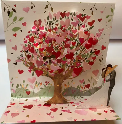 Produktbild von Pop Up 3D Karte Hochzeit Herzen Herzbaum Brautpaar rot rosa bunt Just Married Karte Brautpaar 16 x 15,8 cm