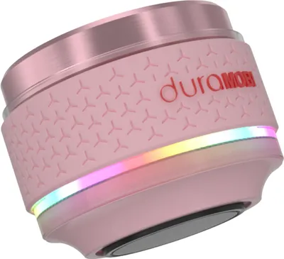 A pink, cylindrical speaker with metallic accents and a colorful LED light strip.
