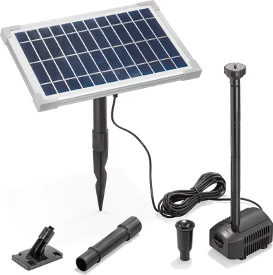 A solar-powered fountain pump kit is displayed against a white background, with its components laid out.